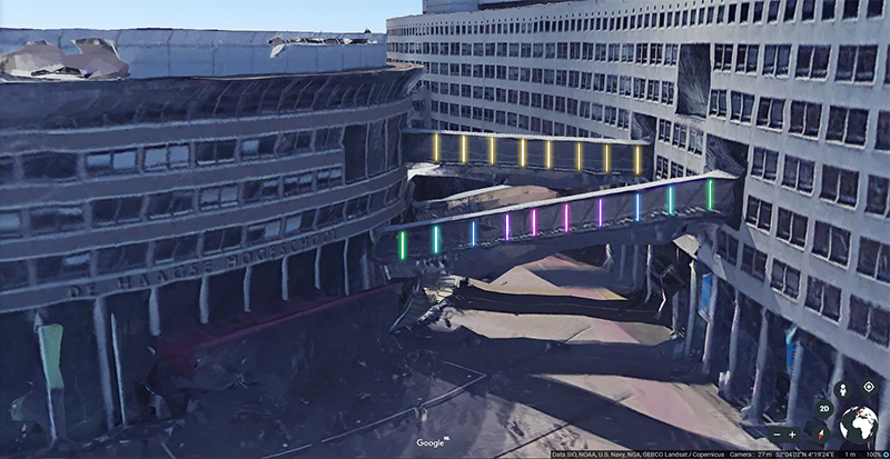 THUAS building with RGB LED strips on the bridges